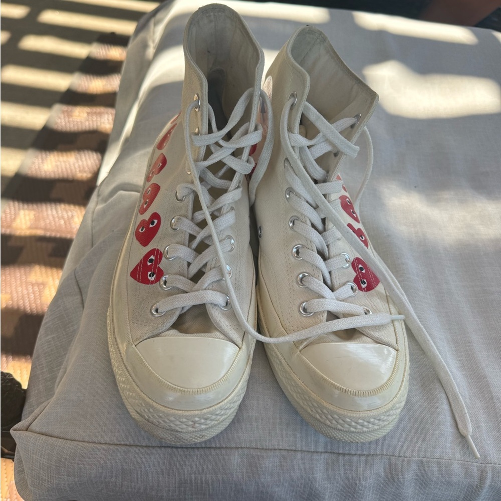 Converse White High-Top Sneakers with Red Heart Graphics